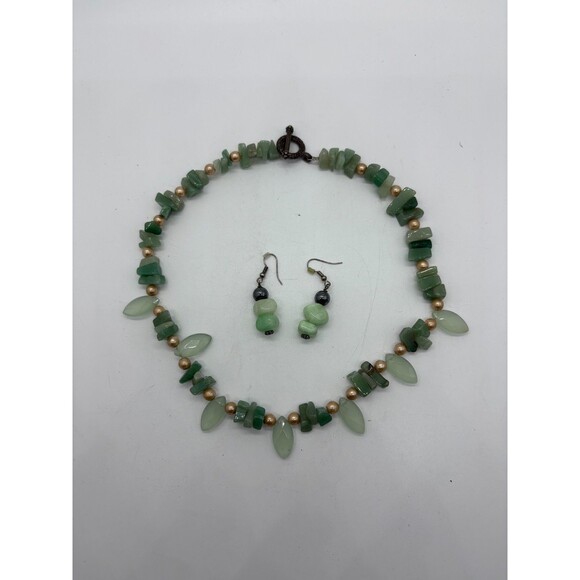 Natural Green Aventurine Chip Nugget Necklace & Dangle Earrings Set Pearl Beads - Picture 1 of 3